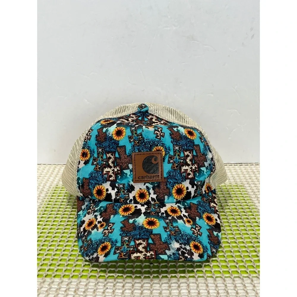 Carhartt Patch Trucker‎ Hat Western Sunflower Cow Print Ponytail Cap